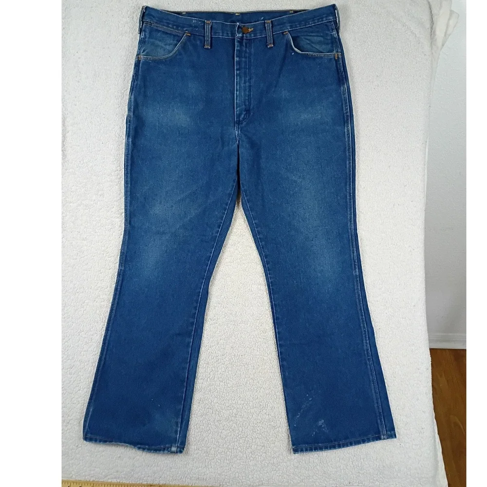Vintage Wrangler 945DEN Jeans Men 38x30 Blue Denim USA Made Straight Leg Utility